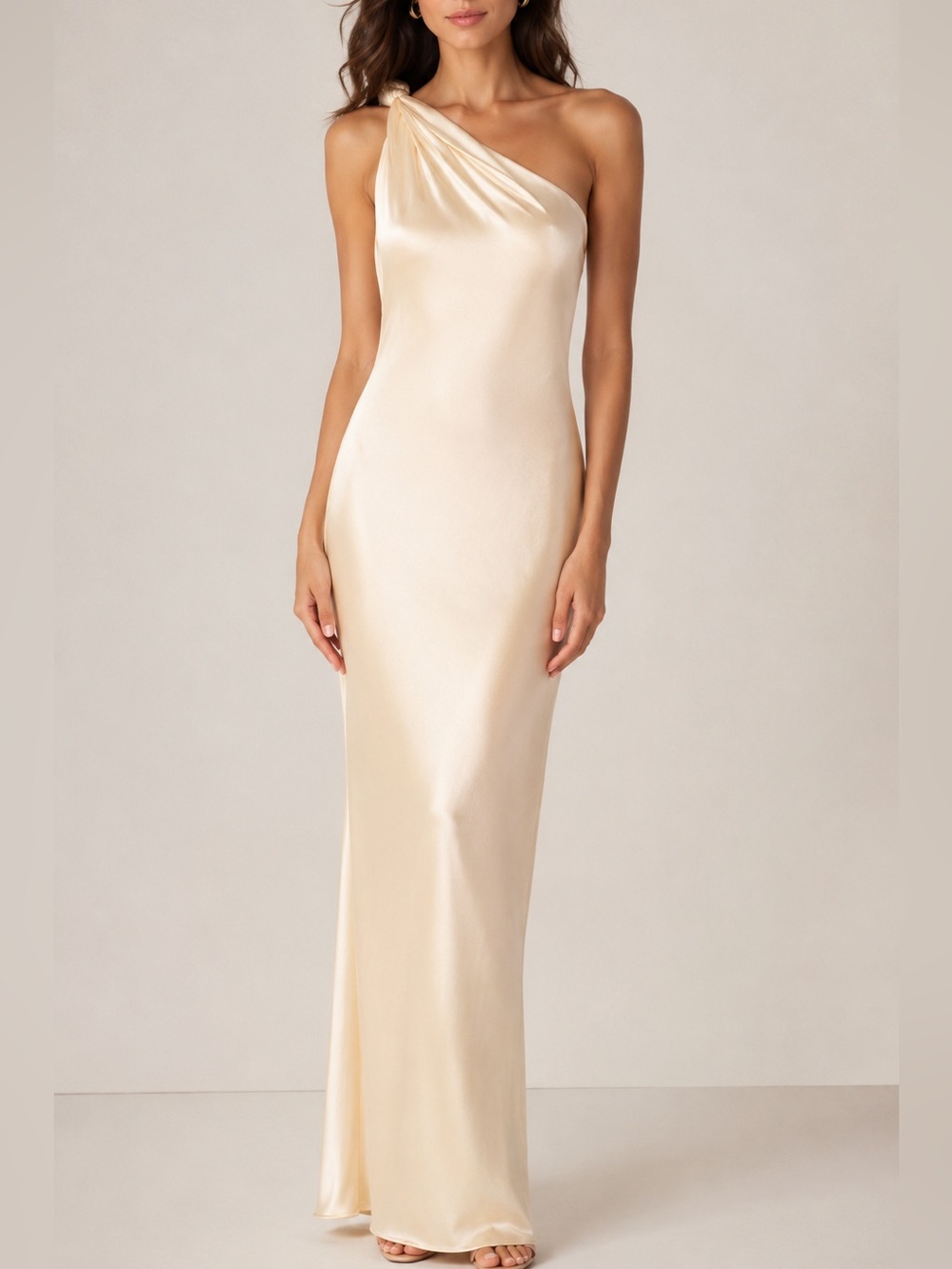 Johanna Ortiz One-Shoulder Satin Maxi Dress in Champagne Cream